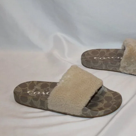 NIB COACH WOMEN'S ULLA SHEARLING LOGO SLIDE IVORY SIGNATURE SZ 7 - Picture 5 of 6